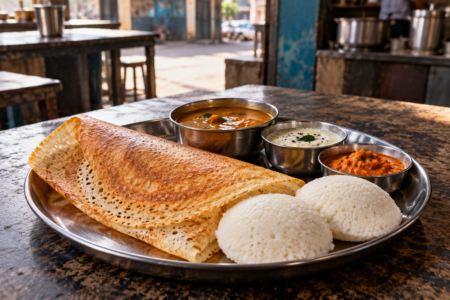 Concept photograph of dosa and idli at a local breakfast table
