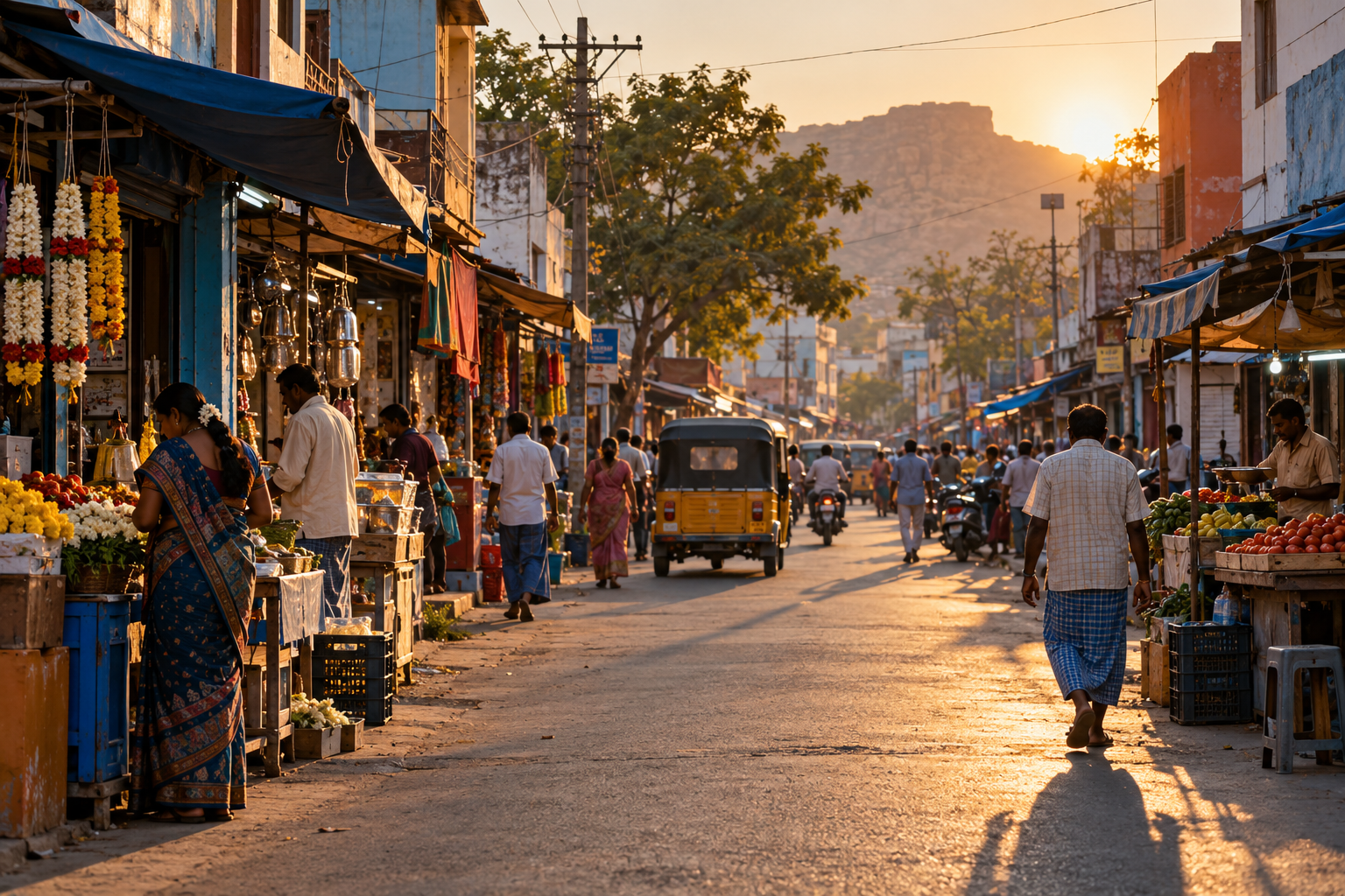 Concept photograph of a lively Andhra Pradesh street at sunset