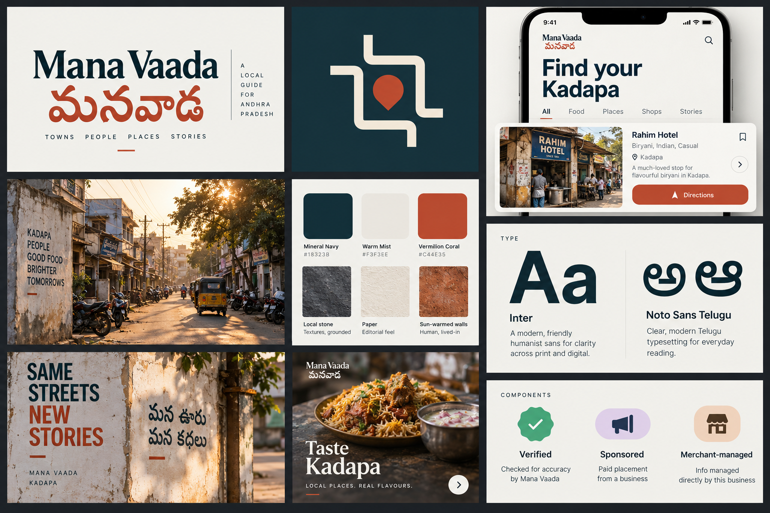 Nine-panel concept moodboard showing identity, local street imagery, mobile guide, palette, typography and applications